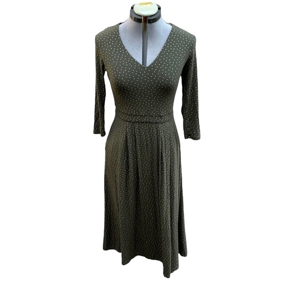 Boden Dress Green Gold Polka Dot Viscose Jersey Knit V Neck Pleated Midi Size 4 - Picture 7 of 9